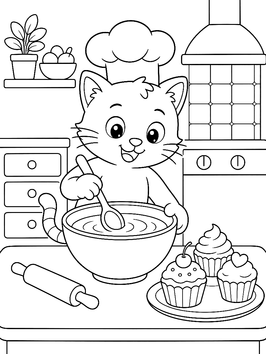 Cat Bakes Cupcakes coloring page